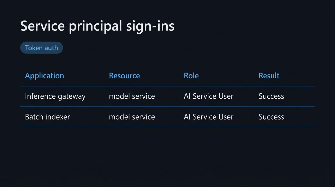 Mock-up (not a screenshot): The identity provider's sign-in log showing an application authenticating with a token-based role rather than a key.
