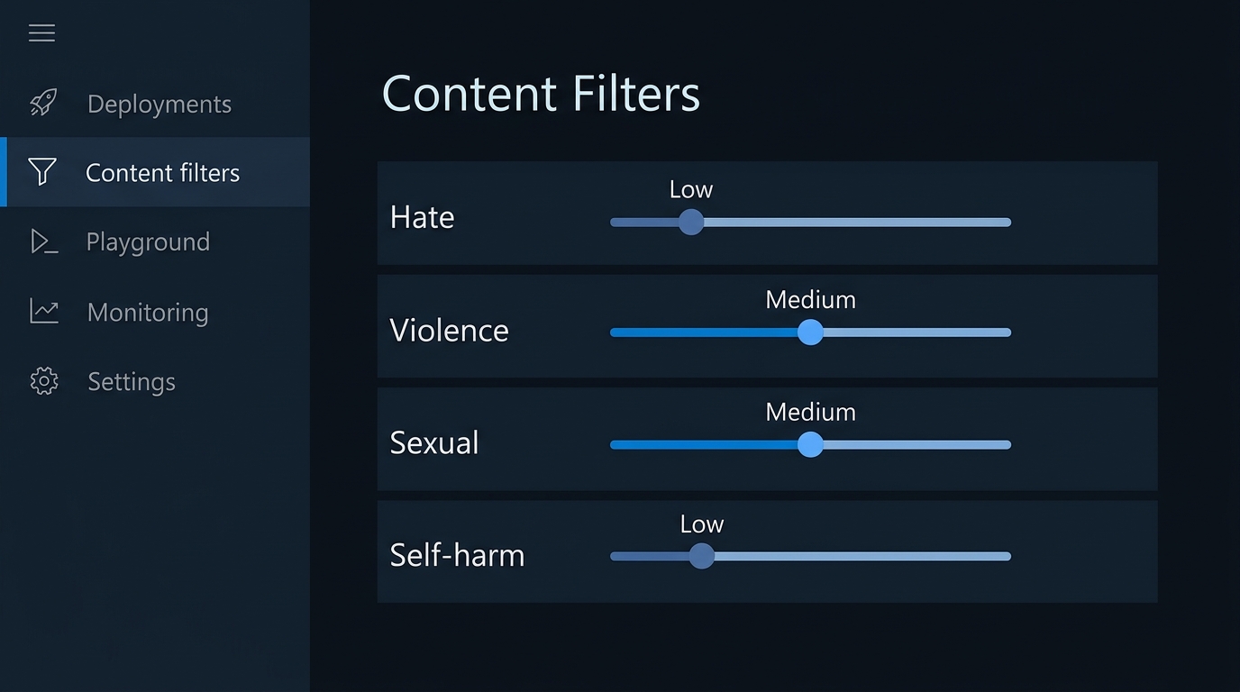 Mock-up (not a screenshot): The content filter policy applied to a production model deployment with all categories visible and two set to a low threshold.