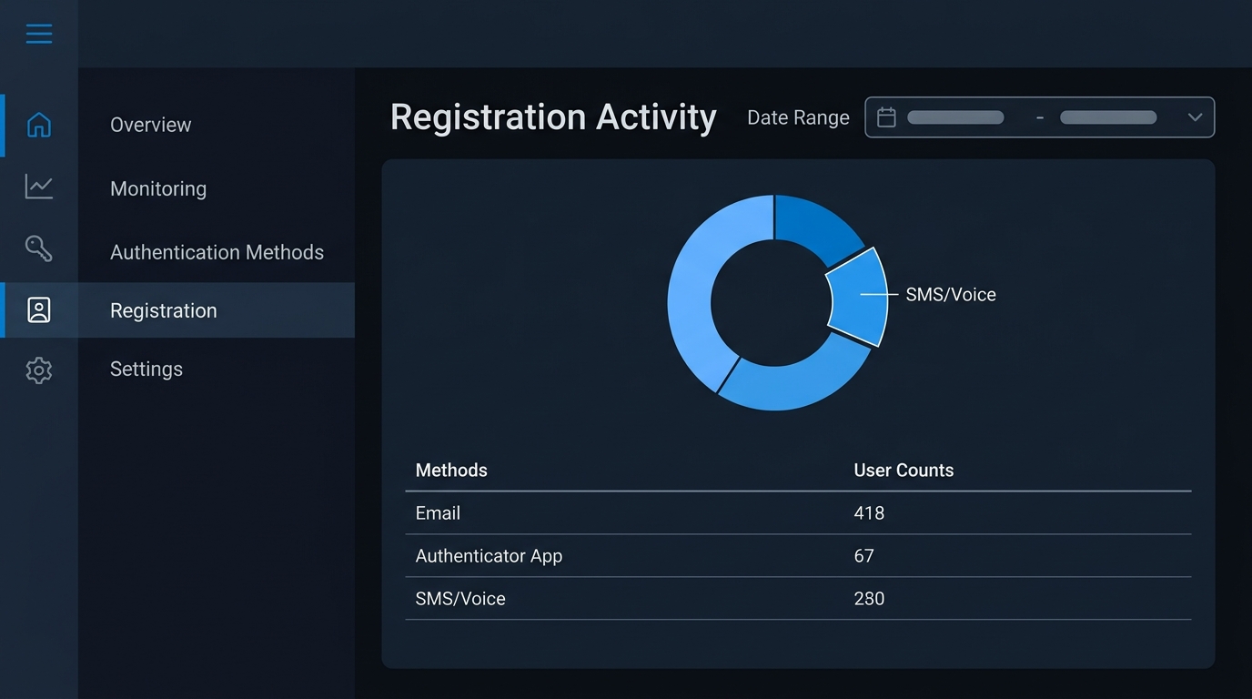 Mock-up (not a screenshot): The authentication activity report's donut chart highlighting the SMS/voice slice above a per-method registration table.