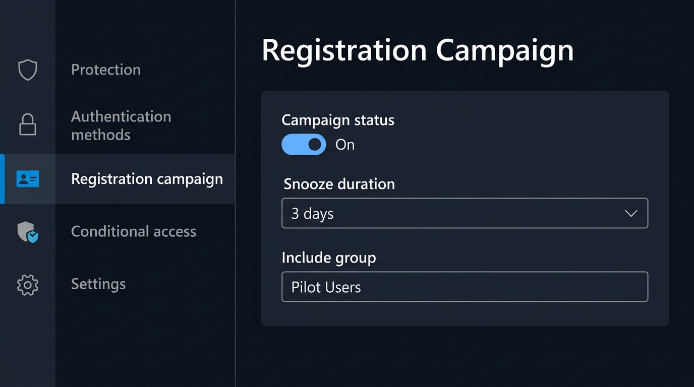 Mock-up (not a screenshot): The registration campaign blade with the campaign toggled on and a custom security group targeted.