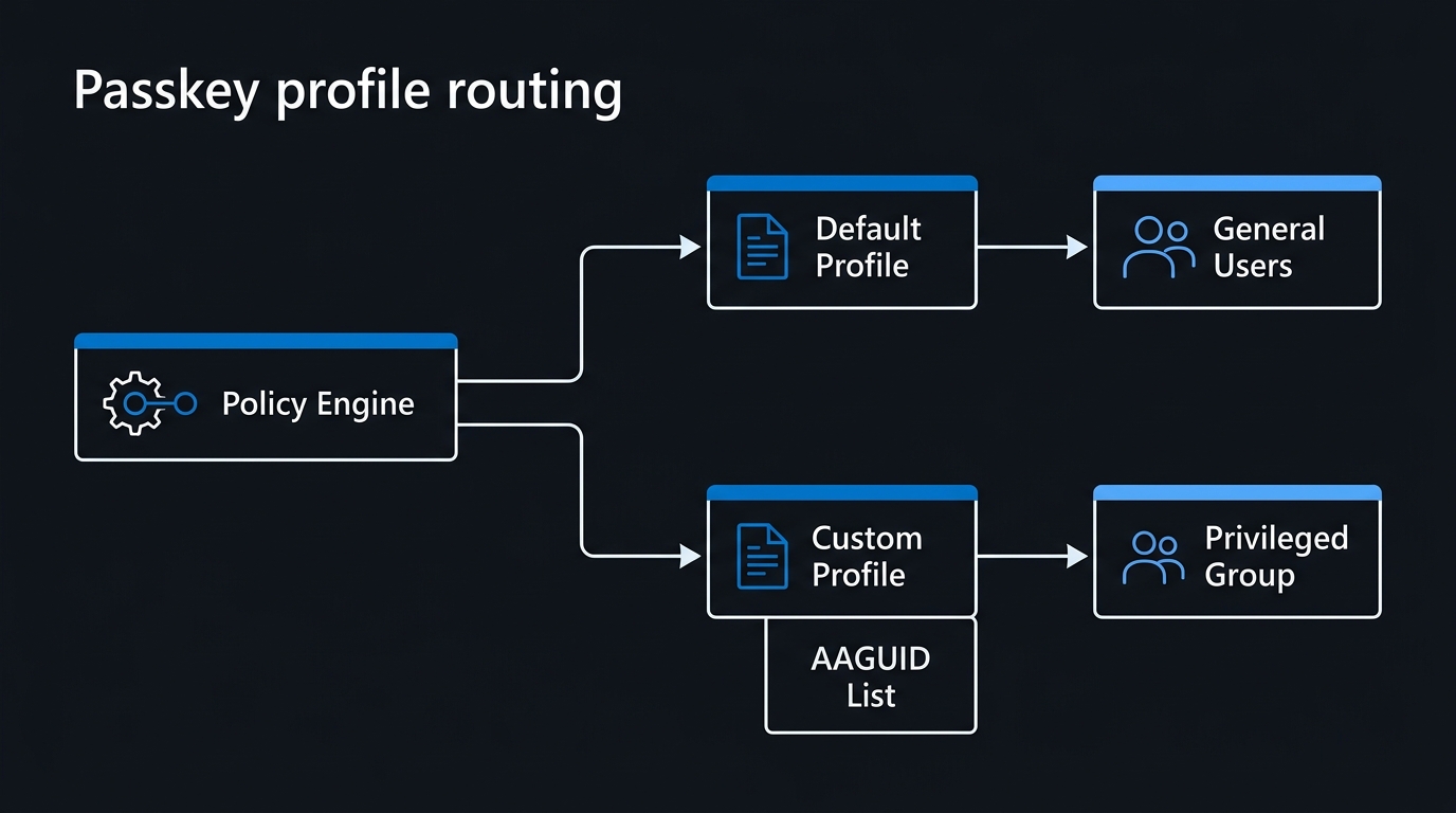 Illustration: Passkey profiles allow administrators to partition policy enforcement and target specific AAGUID allow-lists to user groups.