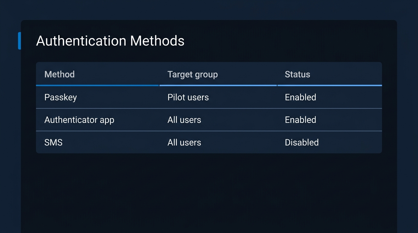 Mock-up (not a screenshot): The passkey profile list showing the default profile plus a custom profile with its target group visible.