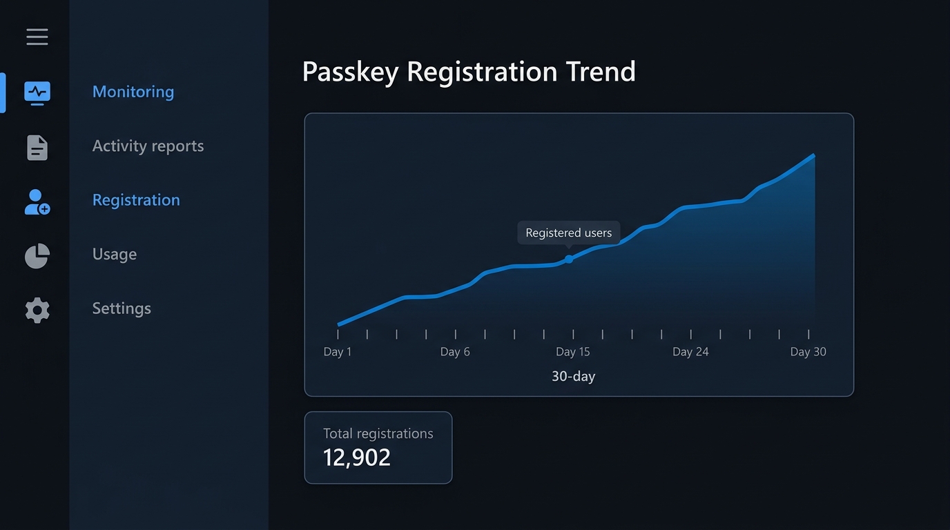 Mock-up (not a screenshot): The passkey registration trend report over a thirty-day window, the single view showing whether a campaign is converting.