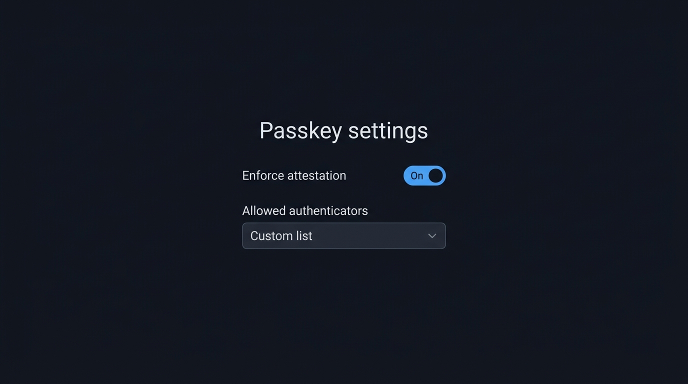 Mock-up (not a screenshot): A passkey profile detail view pairing an allow-listed device list with the attestation enforcement toggle switched off.
