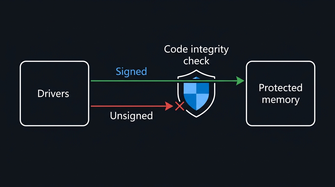 Illustration: Hypervisor-Protected Code Integrity blocking an unverified driver during memory isolation.
