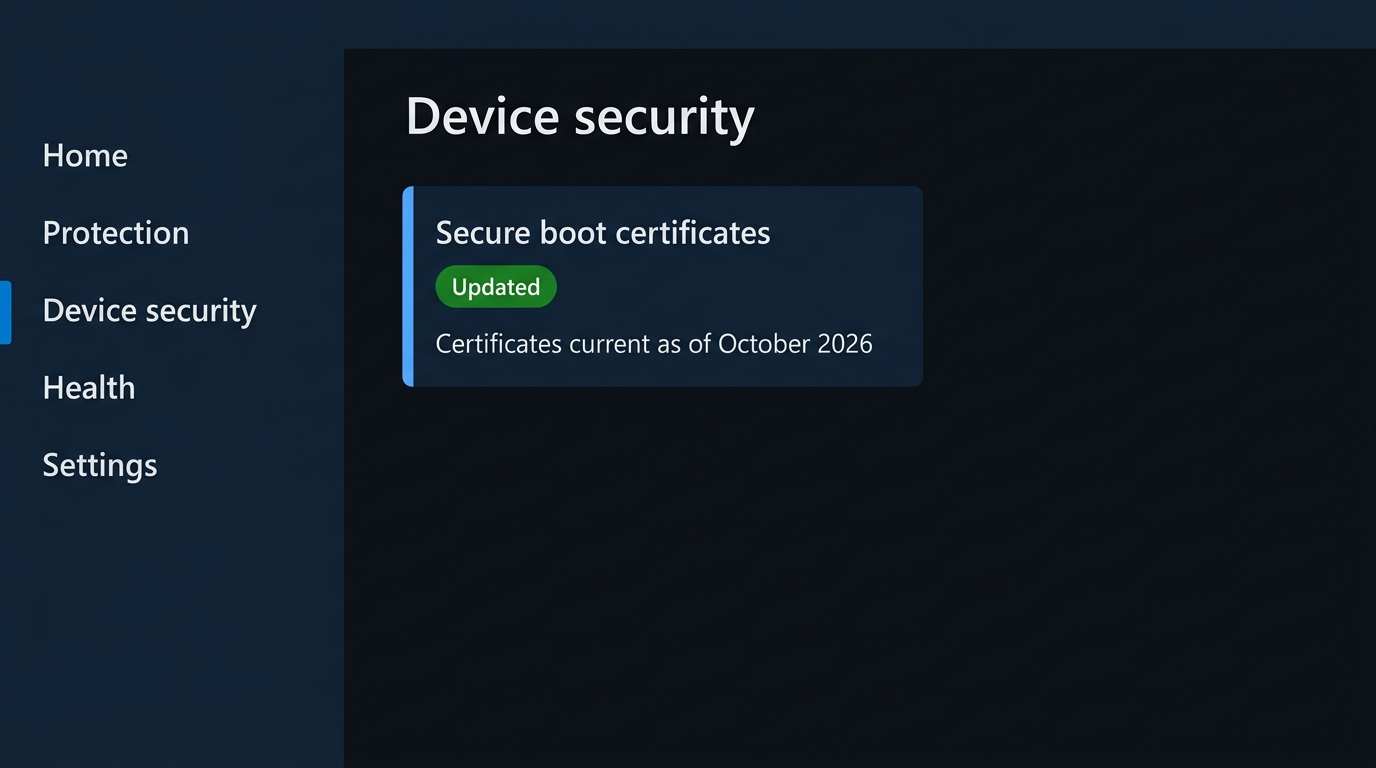 Mock-up (not a screenshot): The device security page's certificate status badge and guidance text for the current device.
