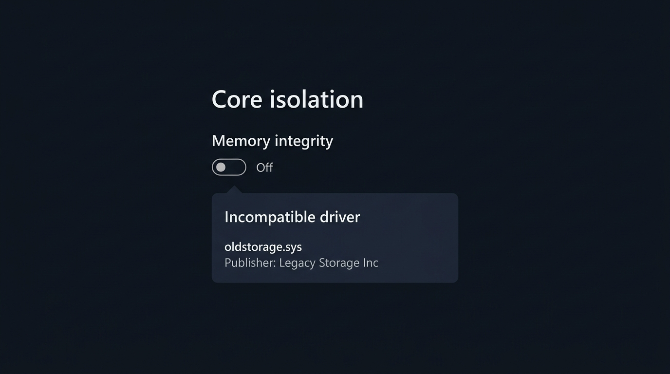 Mock-up (not a screenshot): The core isolation details page naming a specific incompatible driver found by the built-in compatibility scan.