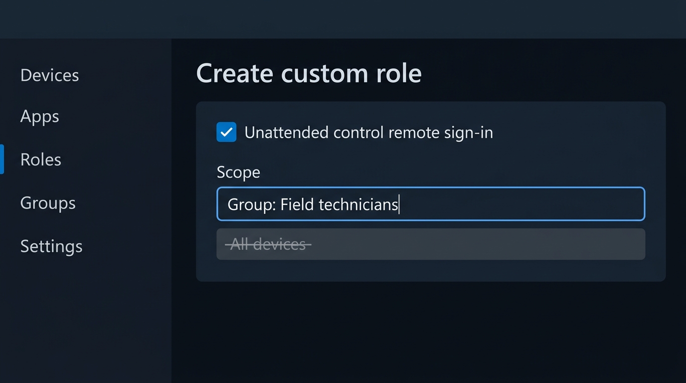 Mock-up (not a screenshot): A custom role granting unattended remote-control permission scoped to a specific device group rather than all devices.
