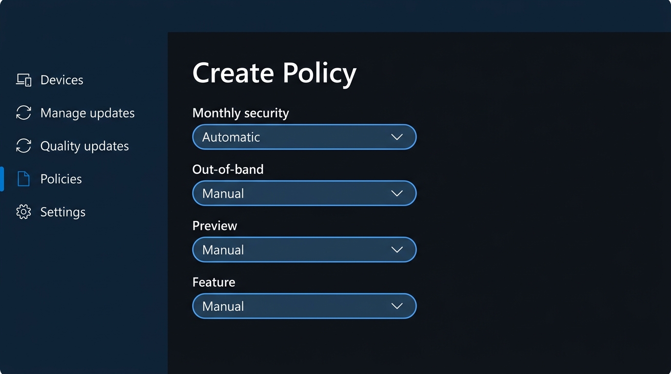 Mock-up (not a screenshot): The quality-update policy showing four independent approval settings with monthly security set to automatic and the rest manual.