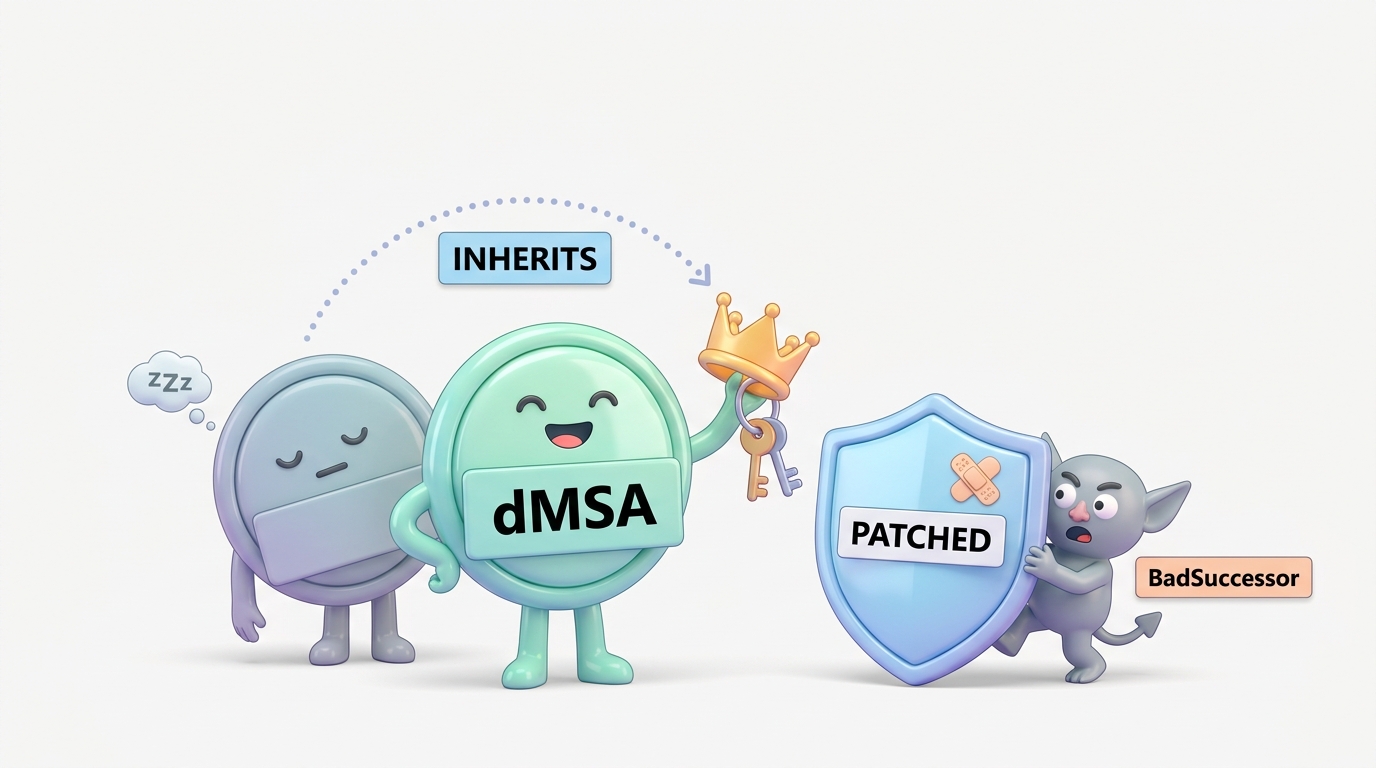 Cartoon: a shiny delegated managed service account badge labelled dMSA inherits a crown and keys from a retired account, while a patched shield blocks a BadSuccessor gremlin from sneaking in