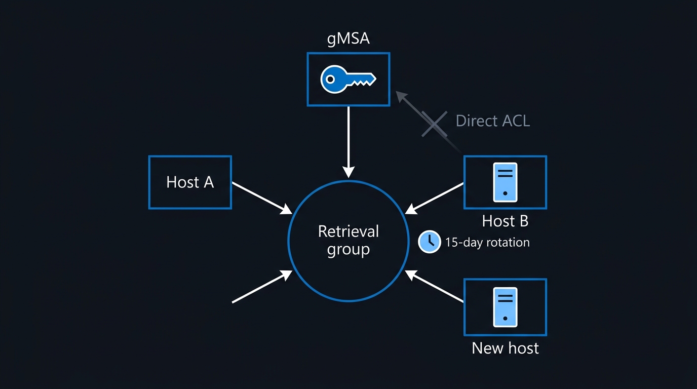 Illustration: Grant gMSA password retrieval to one group, never to a list of computers — a rebuilt host joins the group instead of touching the ACL