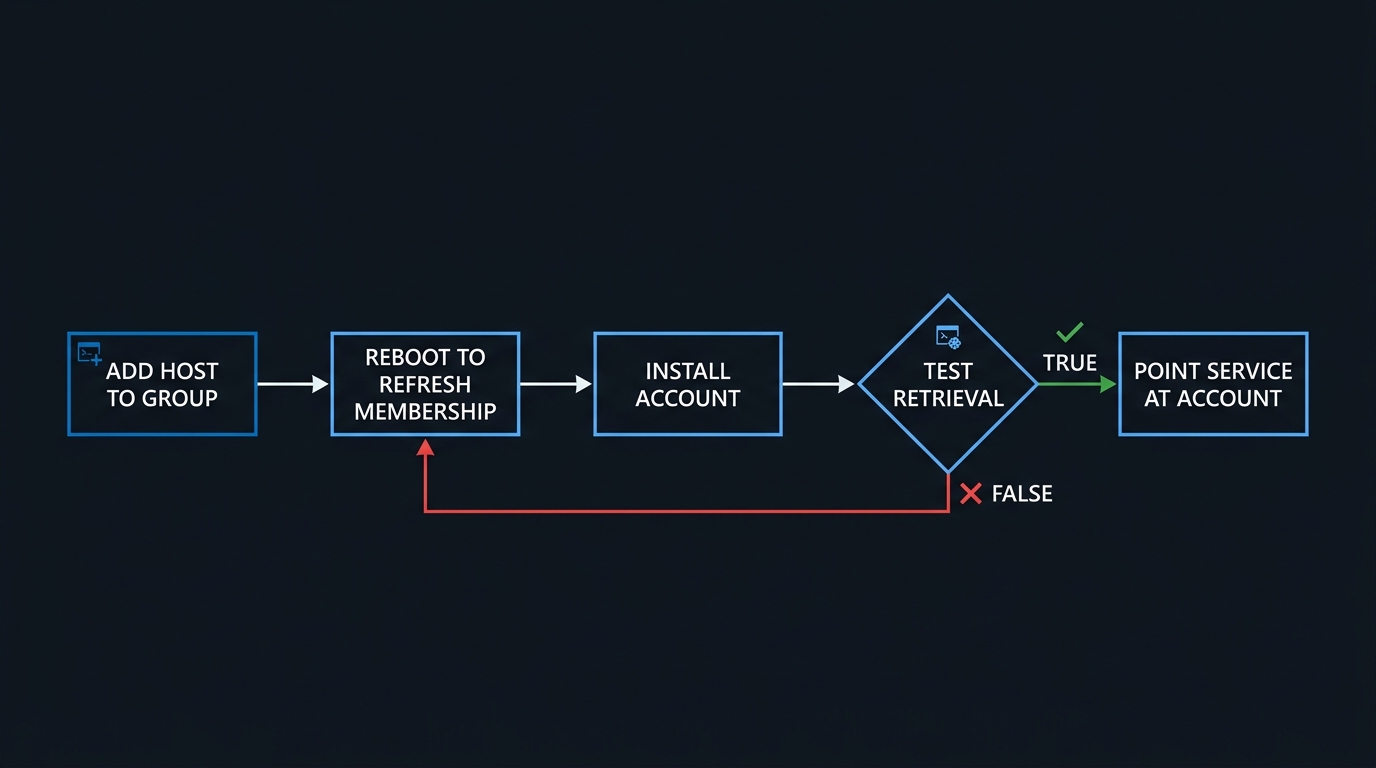 Illustration: Install, then prove it: a host can retrieve the managed password only after its group membership has been refreshed