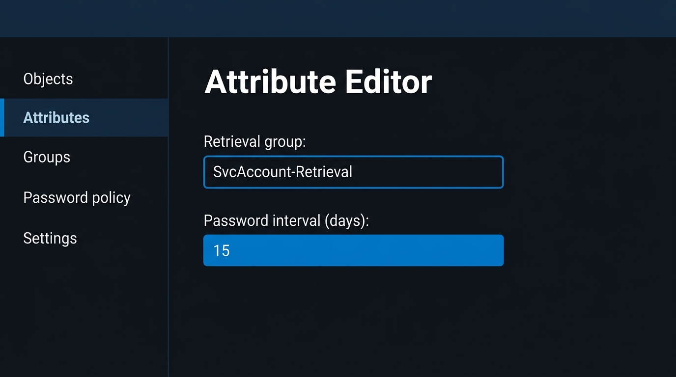 Mock-up (not a screenshot): The service account attribute editor showing password retrieval scoped to a single group and the managed password interval fixed at fifteen.