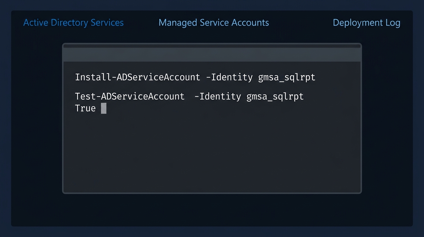 Mock-up (not a screenshot): Installing the account on a member host and proving retrieval with Test-ADServiceAccount returning True