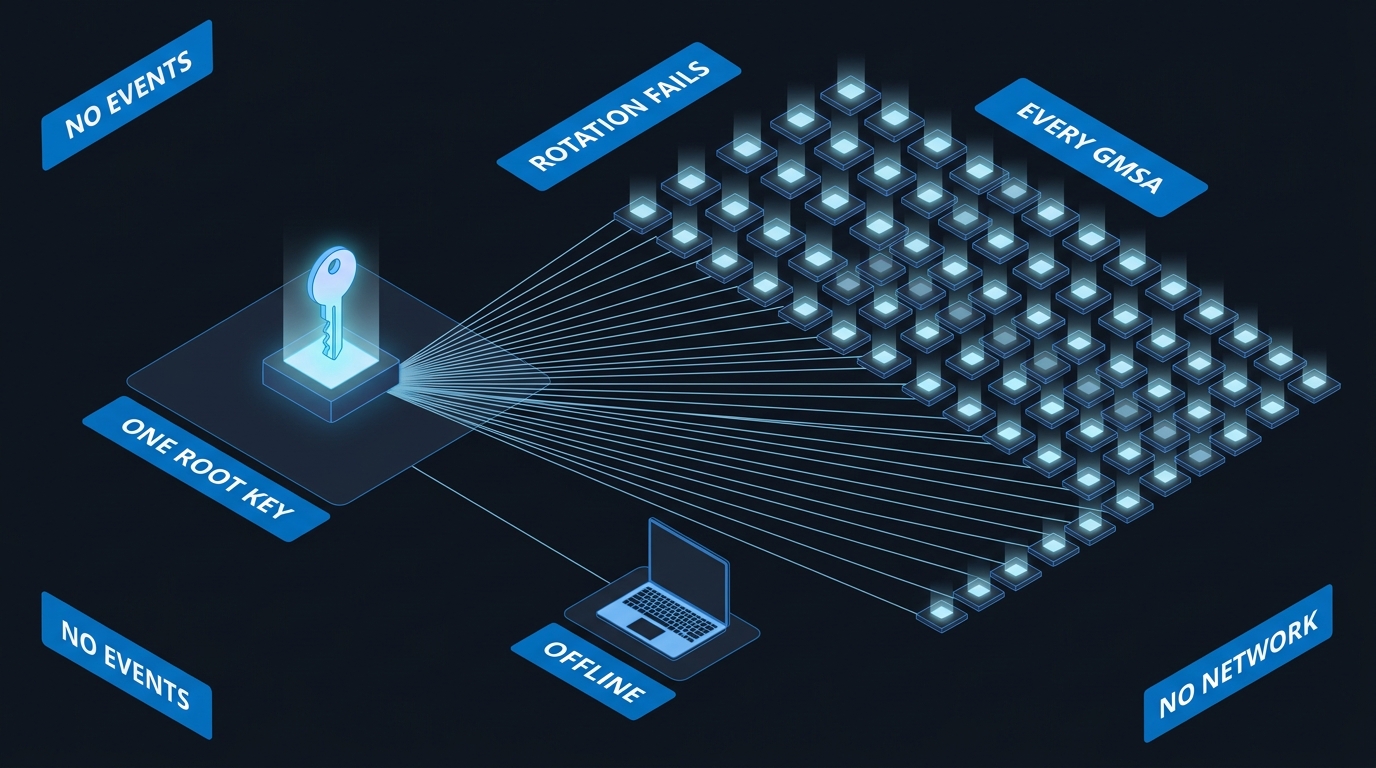 Blast radius diagram: one compromised KDS root key fans out to every group managed service account in the forest, letting an attacker compute passwords offline with no events and no network