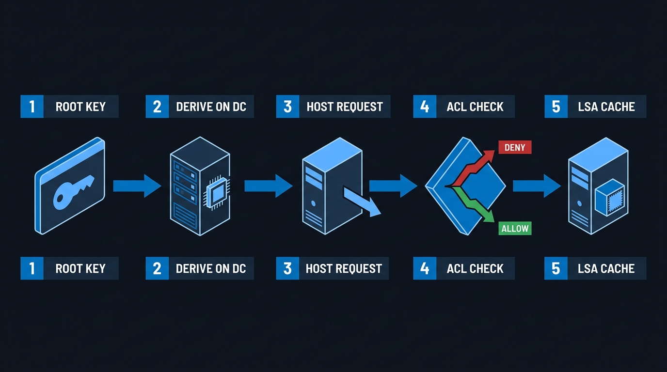 Schematic of group managed service account password retrieval: KDS root key, derivation on the domain controller, host request, membership ACL check with deny and allow branches, LSA cache