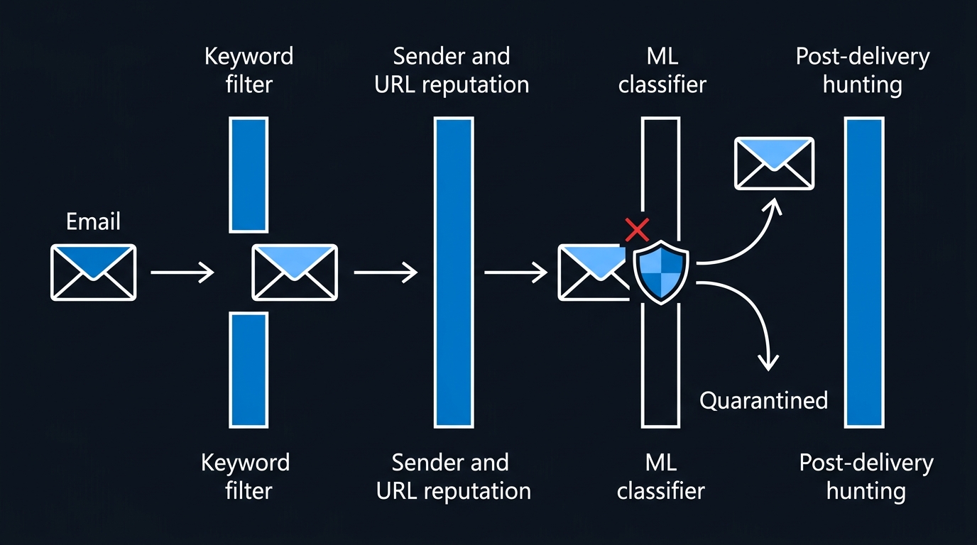 Illustration: Layered mail protection: the keyword filter that a hidden Unicode tag slips past is only the first of several gates