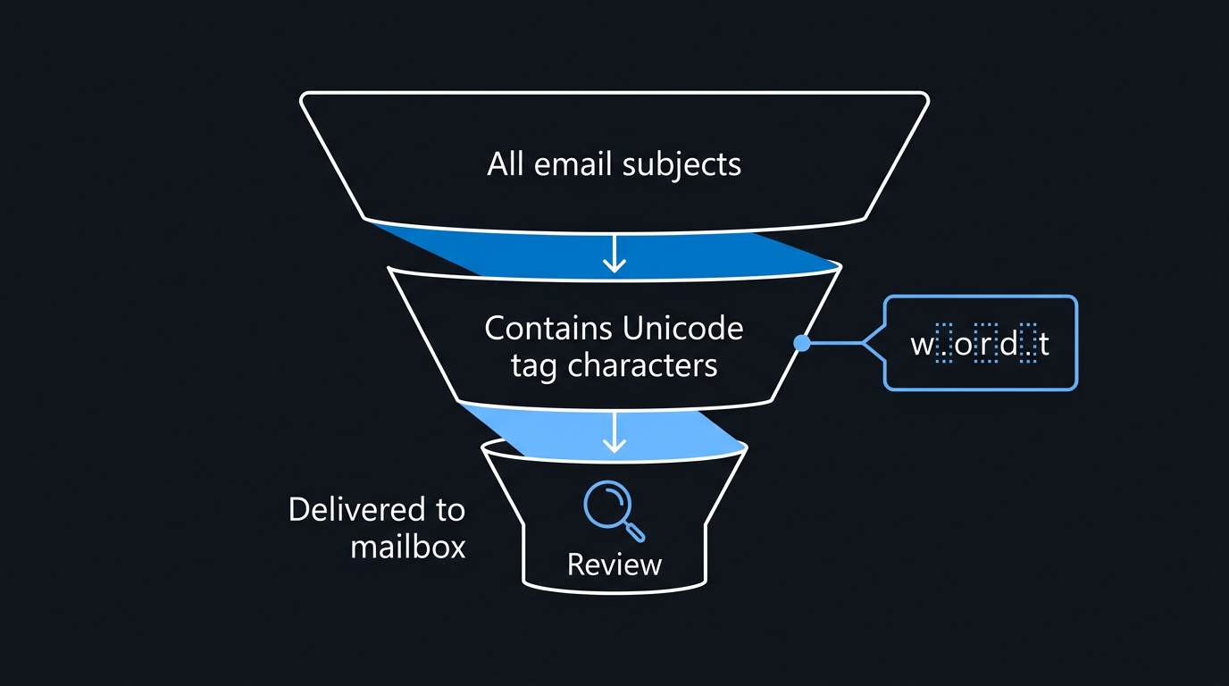 Illustration: Hunting for invisible characters: match the Unicode tag block in subjects, then review only what was still delivered