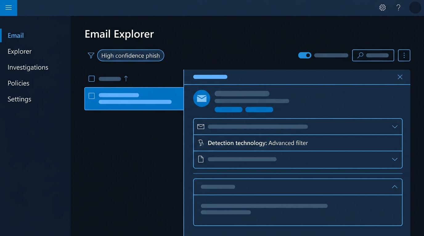 Mock-up (not a screenshot): The mail explorer filtered to high-confidence phishing, showing the detection layer that actually caught a message.
