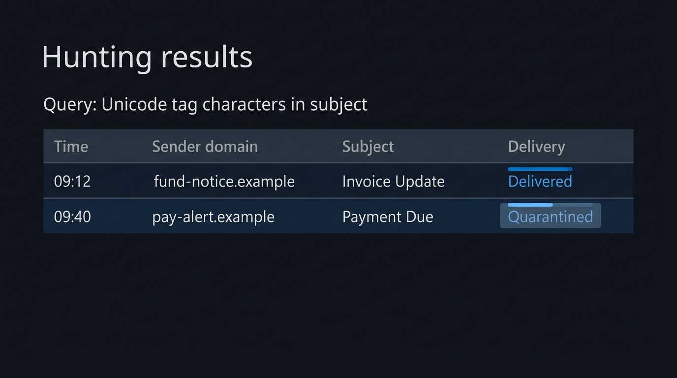 Mock-up (not a screenshot): A hunting query result showing an ordinary-looking subject line that actually hides invisible characters at the raw data level.