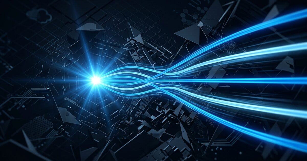 Five glowing threads racing in parallel through a fractured lattice toward one converging point