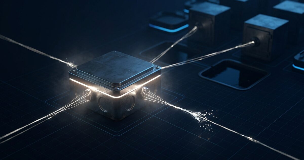 A single glowing junction box radiating brittle light threads outward toward distant vaults and dark reservoirs