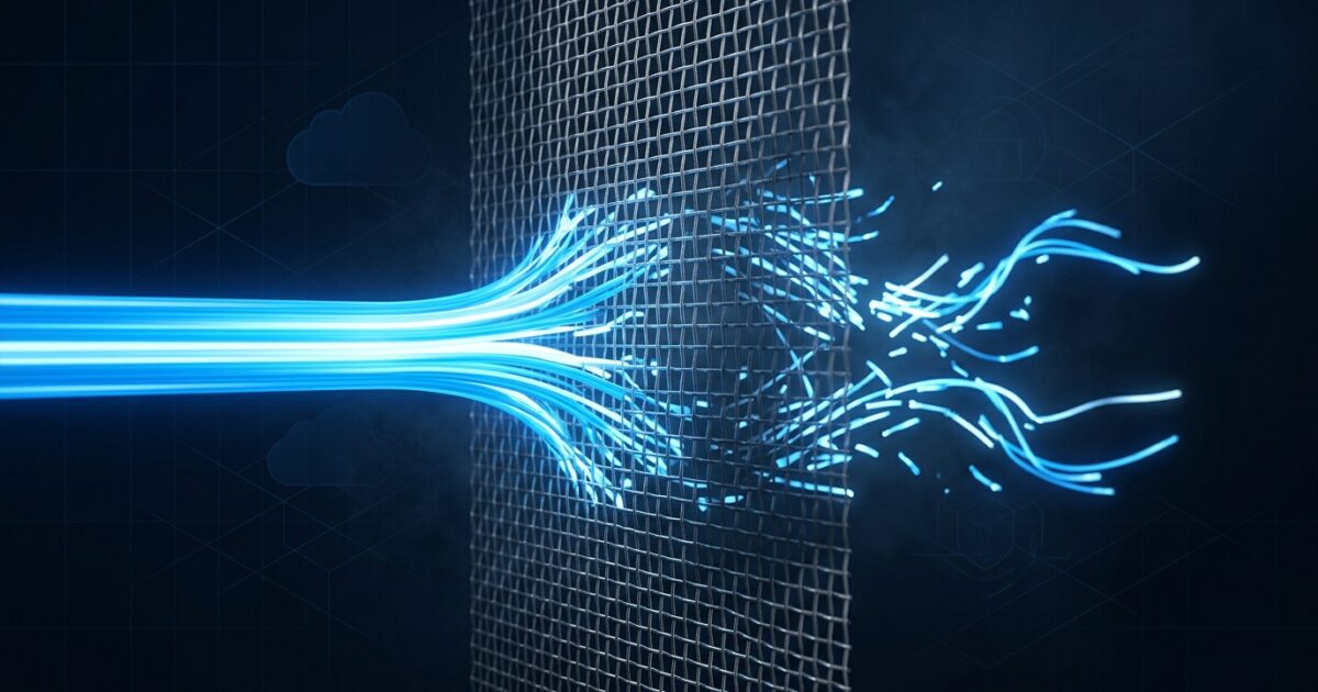 A word breaking into invisible fragments as it slips through a glowing filter mesh