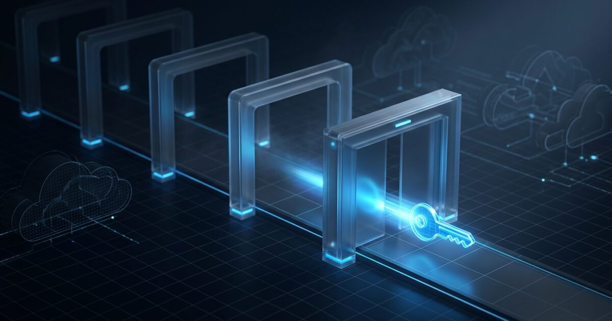A single glowing sign-in request passing through translucent gates on a dark grid, the last gate sliding closed