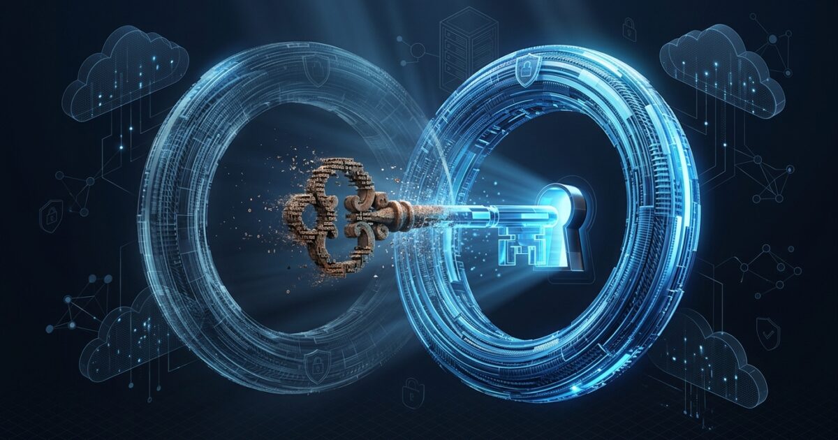 Two interlocking certificate rings mid-renewal, an old key fading as a new one takes hold