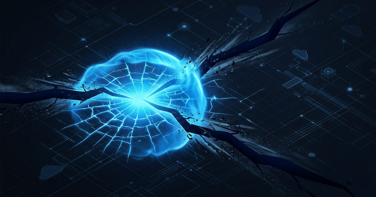 Three dark navy fracture lines radiating outward, converging into a single Azure-blue pressure wave