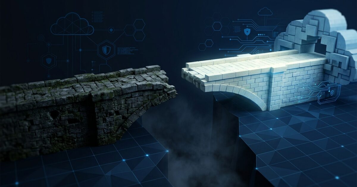 A weathered stone bridge with one freshly rebuilt span crossing a narrowing chasm, dark blue technical palette