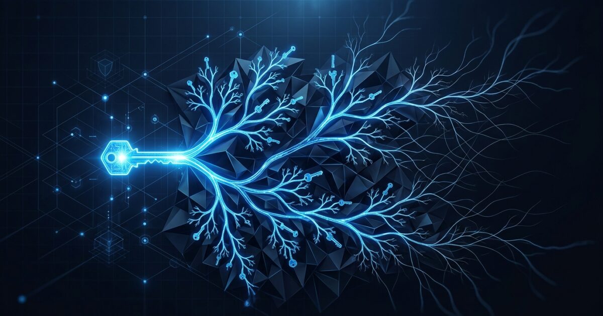 A single glowing root key branching into countless derived keys across a dark geometric lattice