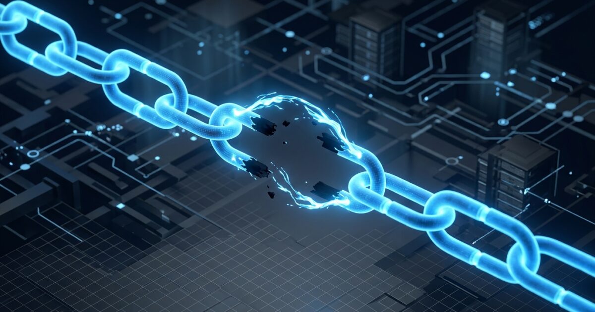 Glowing chain of light nodes snapping apart and reforming across a dark layered lattice