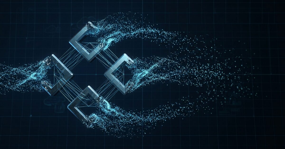 Four interlocking geometric nodes each unraveling into drifting particles against a dark blue technical grid