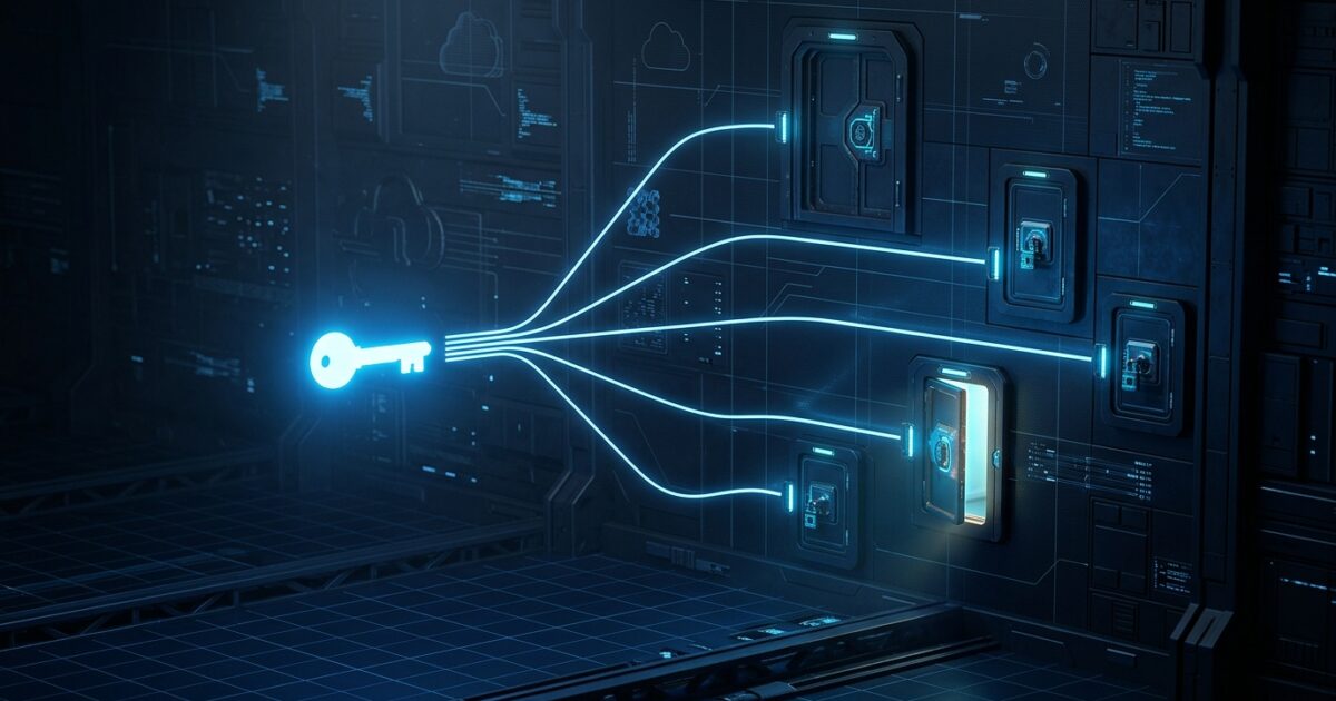 A single glowing access key branching into five separate locked doors along divergent paths on a dark control-room grid