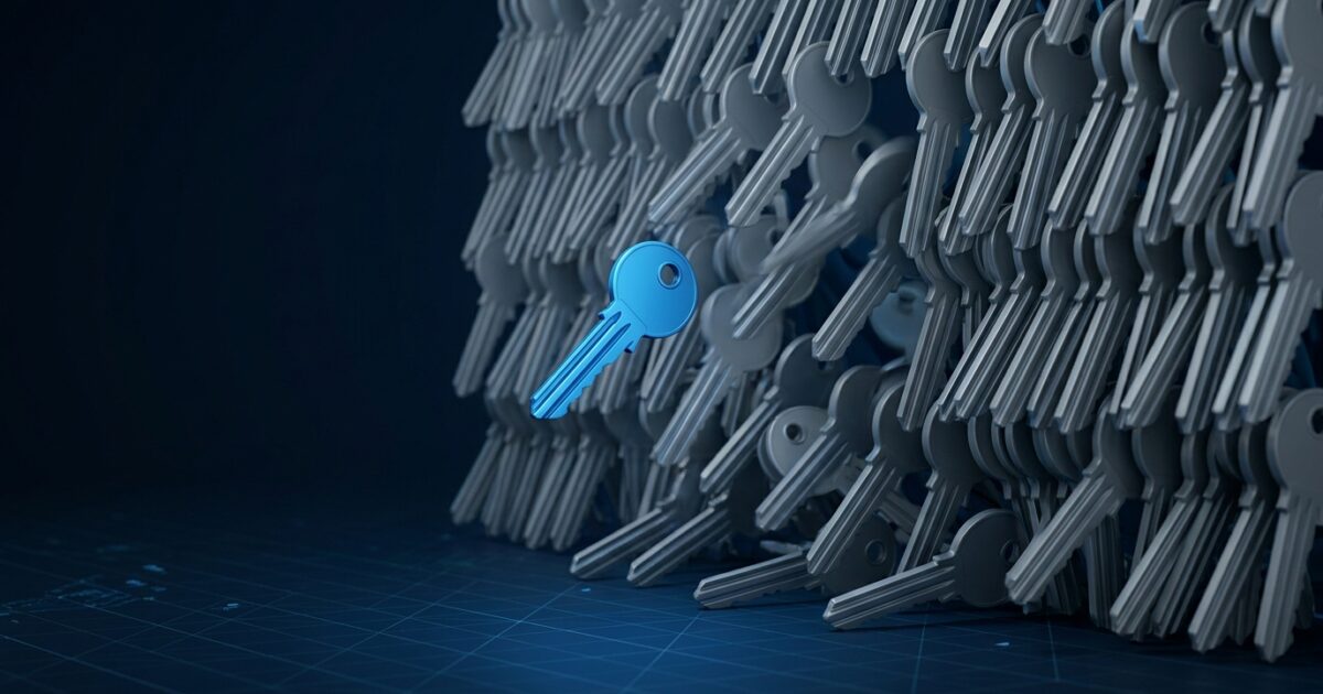 A single glowing azure-blue key pulled forward from an overwhelming cascading wall of identical grey keys