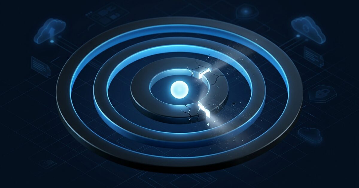 Concentric glowing rings guarding a bright core, one ring silently fractured open