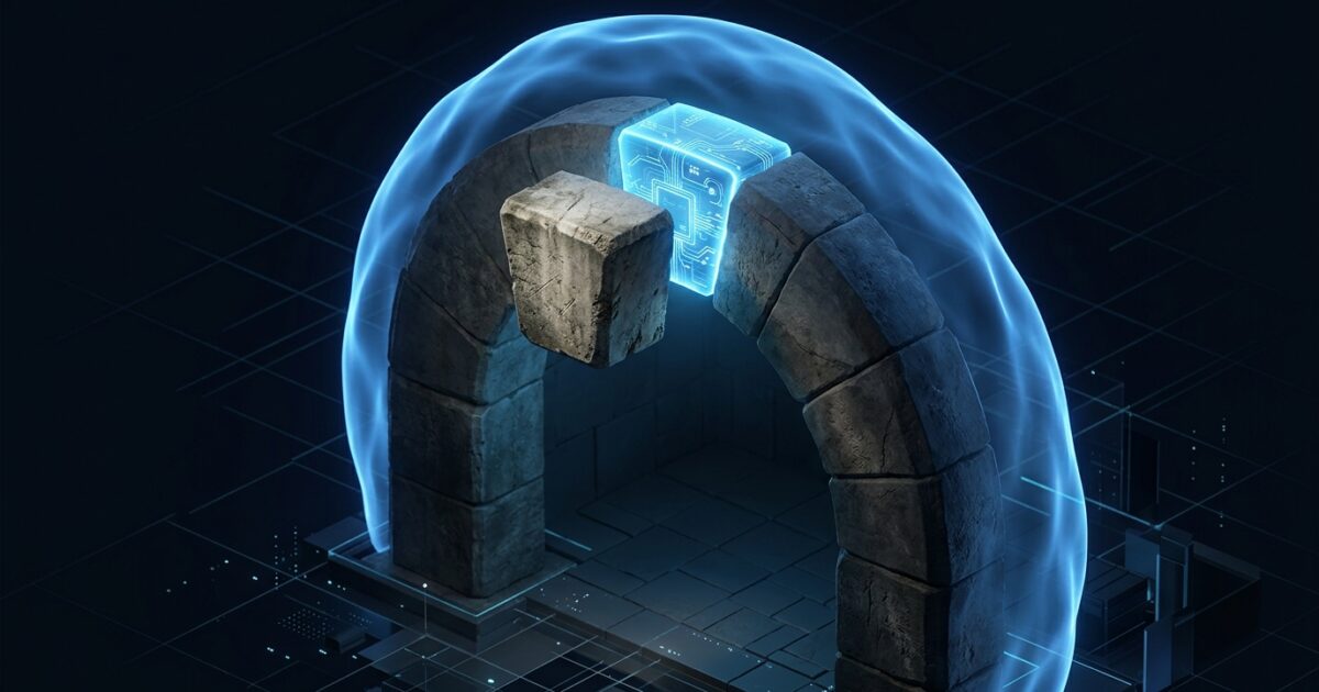 An old stone keystone being swapped mid-arch while a translucent shield seals the chamber behind it
