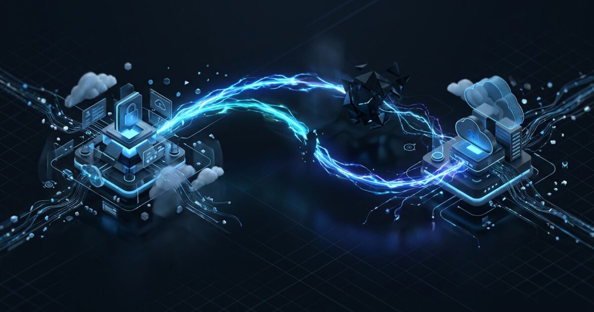 Abstract hero showing an intercepted session token arcing between identity and cloud nodes, evoking AiTM token theft and replay