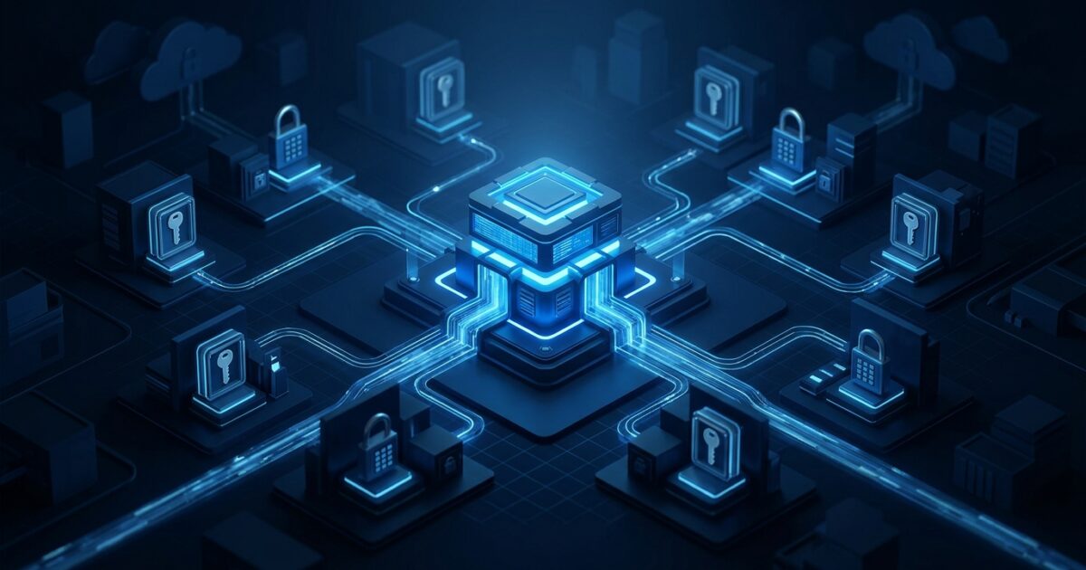 Abstract illustration of a CSP partner tenant linked to many customer tenants, each holding a sealed break-glass key, with passkey-protected technician access flowing between them