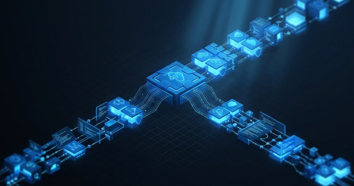 Abstract blue infrastructure blocks splitting into two diverging paths, evoking the OpenTofu and Terraform fork