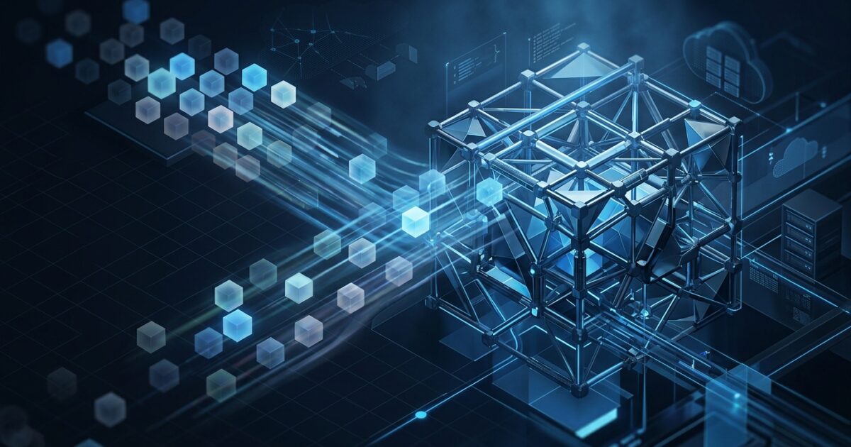 Abstract teal illustration of fading OTP tokens flowing into an interlocked identity directory lattice