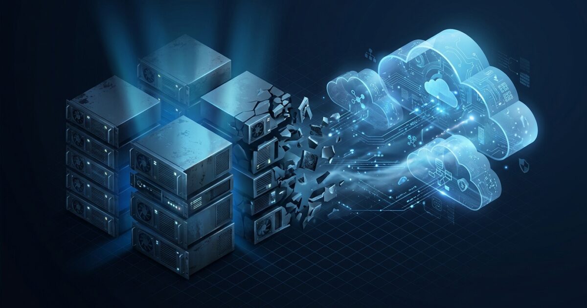 Abstract illustration of aging server blocks dissolving into cloud shapes, evoking end of support migration paths